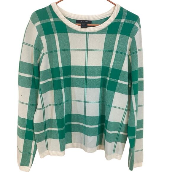Tahari XL crew neck long sleeve sweater green and cream plaid - Picture 1 of 7